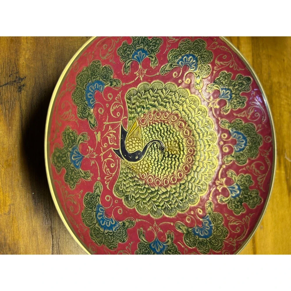 Vintage Brass Peacock Painted Art Bowl Red Enamel Etched India Candy Alter